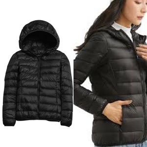 NWT women puffer jacket black coat size L removable hoodie